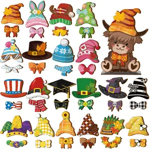 Christmas Gift 42Pcs Interchangeable Highland Cow Sign Wooden Holiday Seasonal Sign Farmhouse Rustic Highland Cow Decor Summer Decorations Home Office Desk Accessories Welcome Ornament