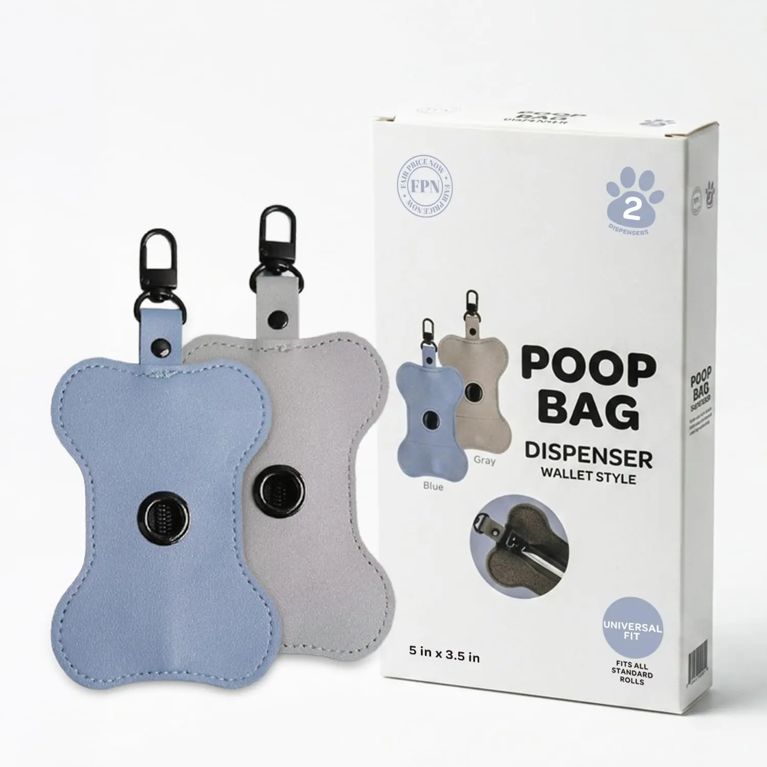 Dog Poop Bag Holder for Leash, PU Leather Dog Waste Bag Dispenser with Zipper and Clip, Portable Doggy Poop Bag Holder for Walking, Travel, Park (BLUE&GREY)