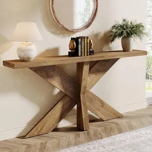 Tribesigns Long Sofa Table | Oak Brown, Geometric Wooden Base | Entryway, Living Room