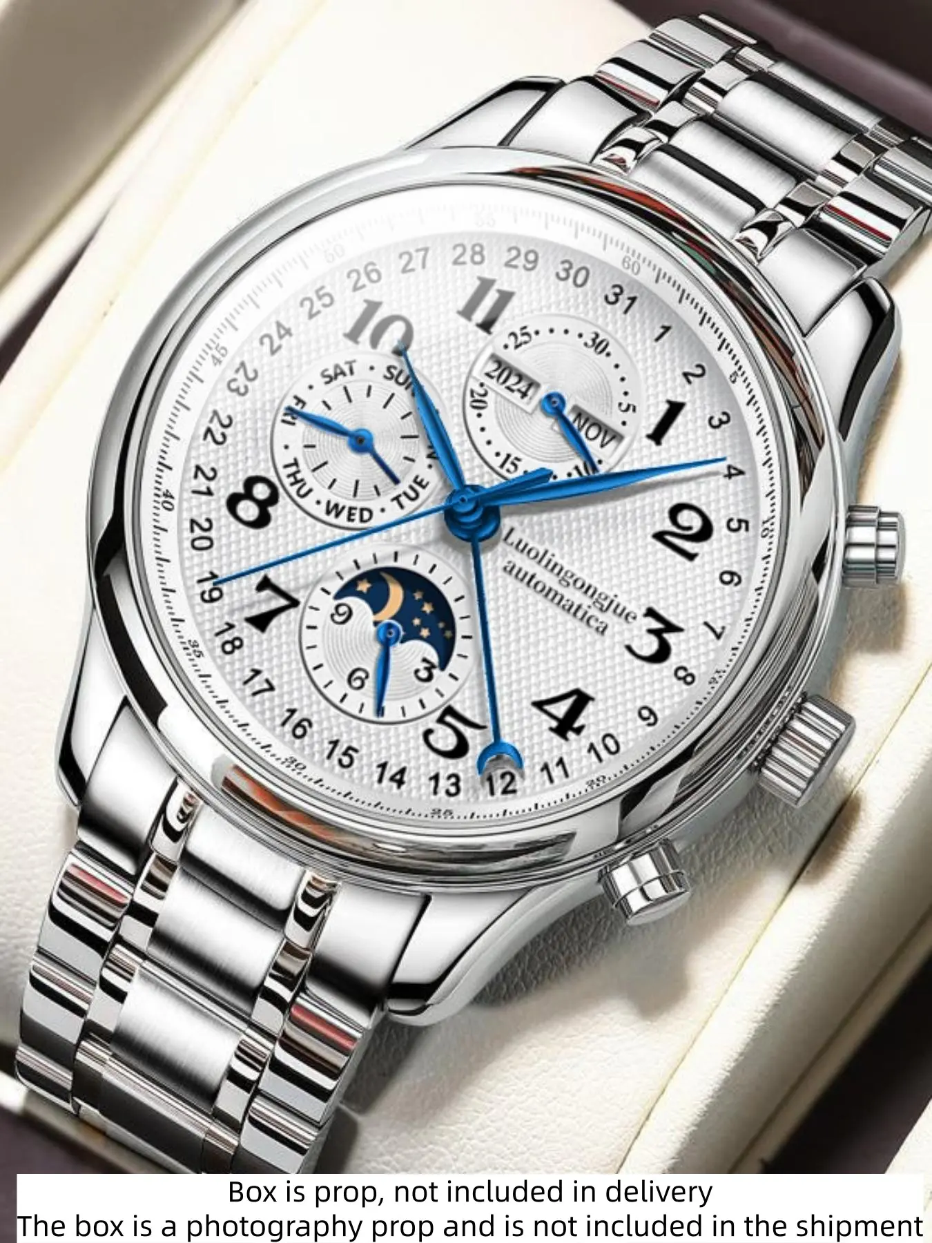 Luxury business men's mechanical watch, automatic winding, openwork design, stainless steel strap, Stainless steel wristwatch, European, American styles, multifunctional, stylish casual, personalized