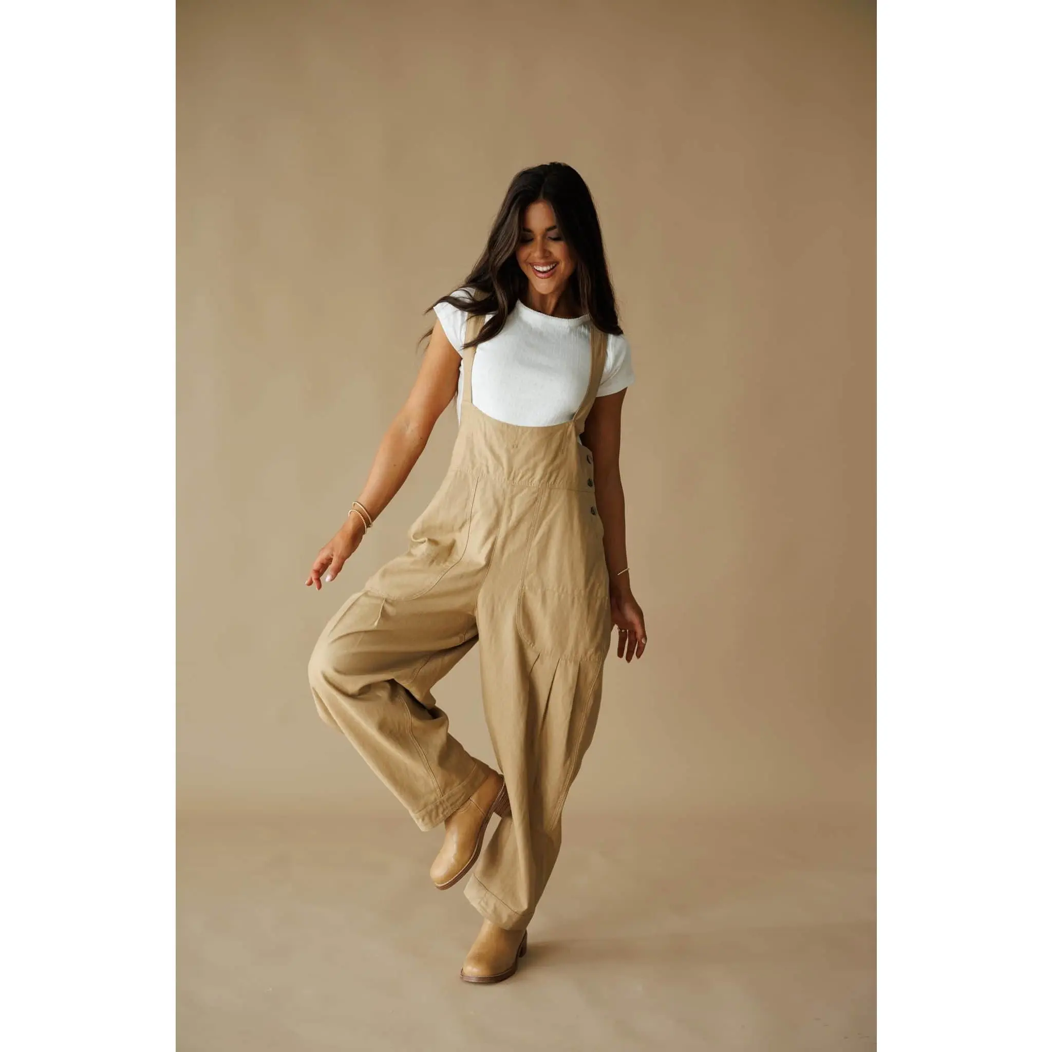 Tan Pleated Barrel Overalls