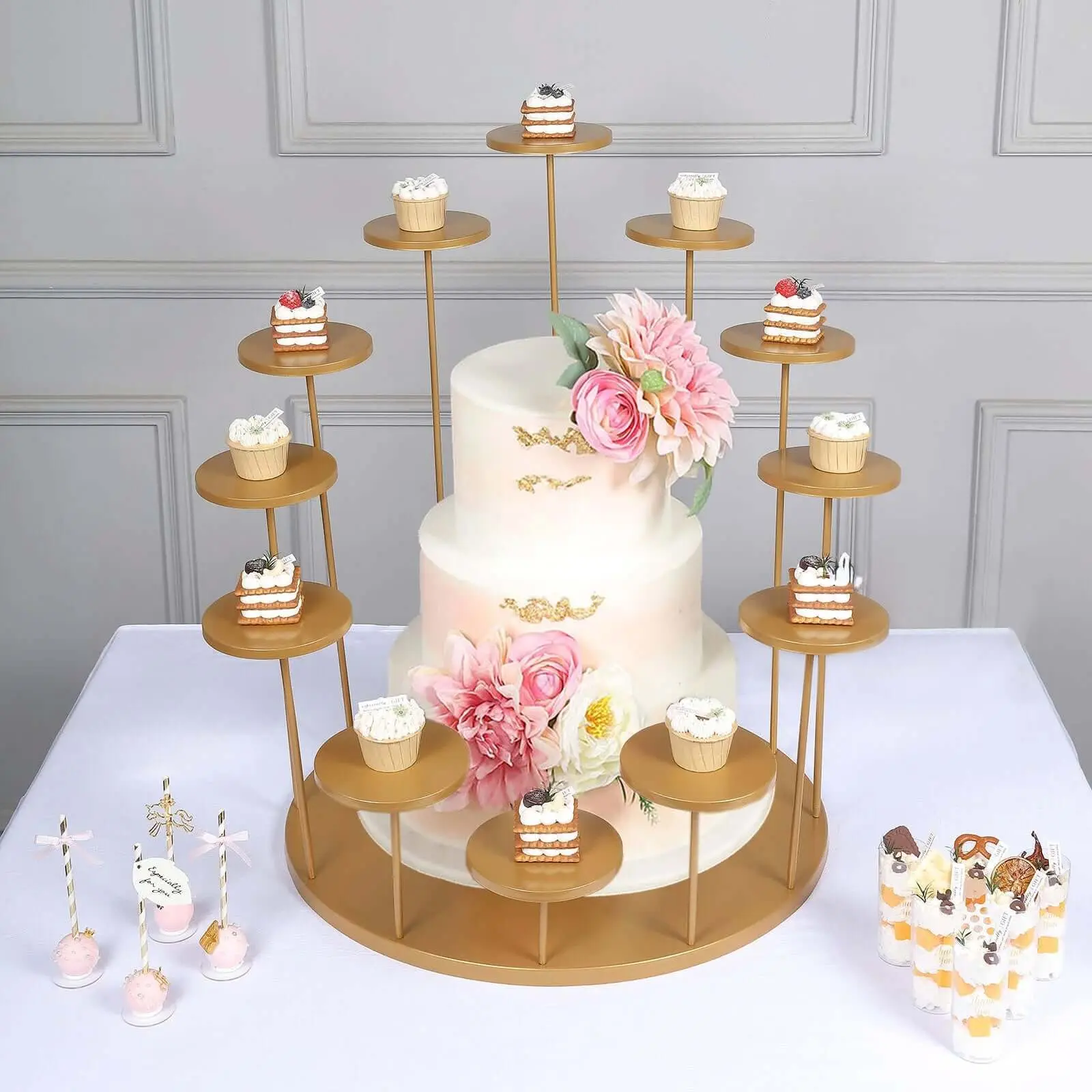 Gold Metal Stacking Cake Stand with 12-Arm Tiered Cupcake Holders - 29 inches Layered Dessert Display Tower, Centerpiece for Weddings, Anniversaries, Birthday Cake Cupcake Stands & Dessert Buffets, Gala Display Tower