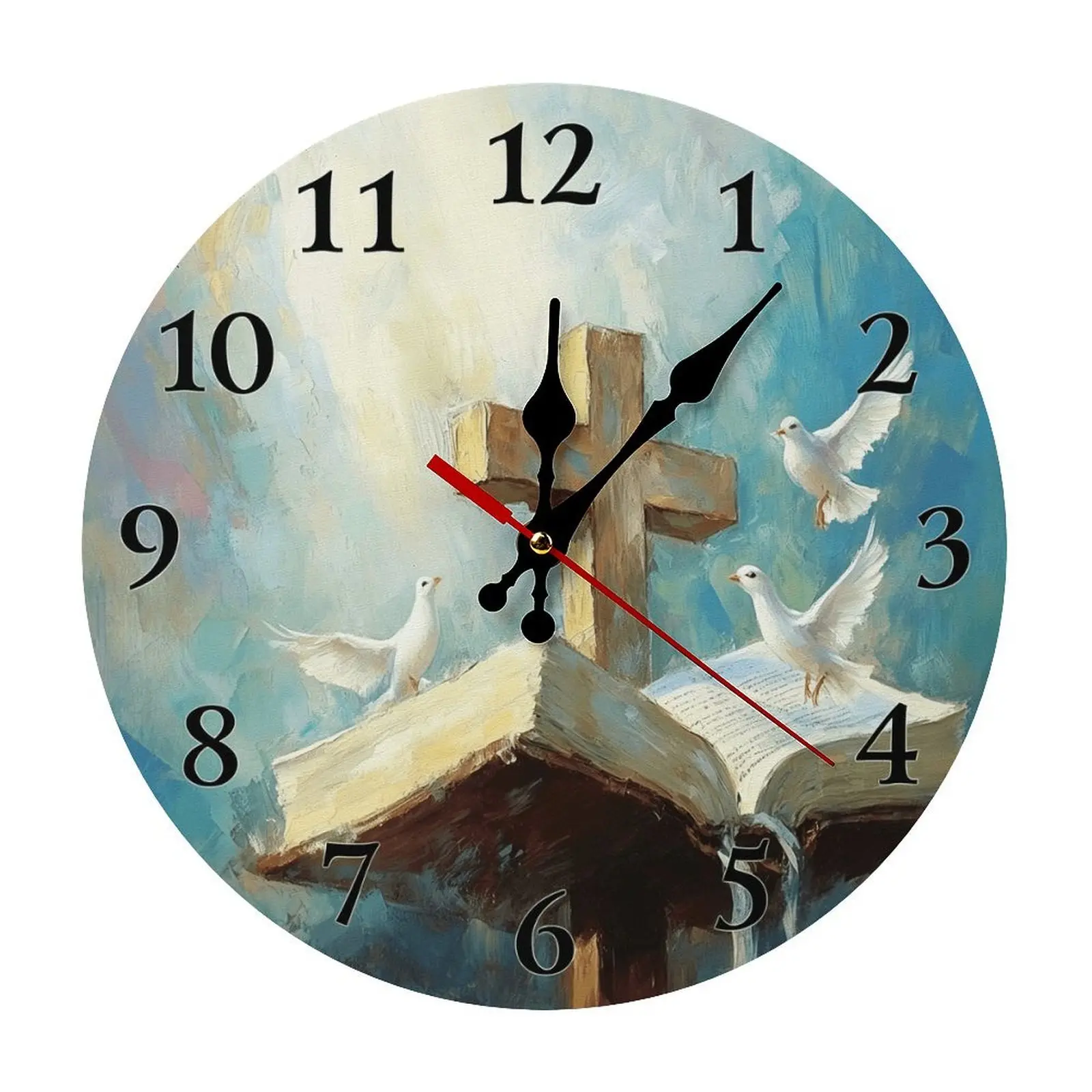 10-12in Round Wood Christian Bible Cross Analog Clock - Silent, Battery-Operated Religious Home Decor, 10in Bedroom Room Decor