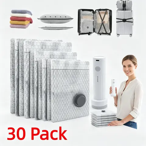 【2026 Upgraded】15 Jumbo Size Thickened Version Airtight Vacuum Compression Storage Bags (15-Pack) with USB Recharge Cordless Wireless Vacuum Pump - 140L/min Airflow Space Saver for Luggage, Clothes Storage
