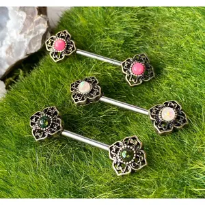 PAIR Opal Glitter Center Tribal Flower Nipple Rings Shield Barbells 14g 14 gauge