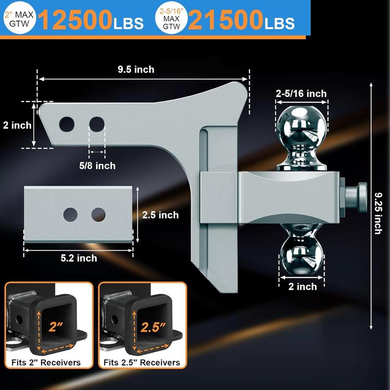 Adjustable Trailer Hitch, Drop Hitch Fits 2 Inch Receiver, GTW 21,500 LBS Aluminum Tow Hitches Dual Ball (2" x 2-5/16"), Heavy Duty Truck Hitch Ball Mount (5 Inch Drop Hitch)