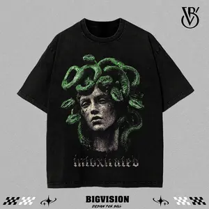 Medusa Intoxicated Oversized Washed Tee | Vintage Graphic Streetwear Shirt | Gothic Mythology Aesthetic Tee | Unisex Heavyweight Cotton Top | Snake Head Statue Art Print | Washed Black Grunge Tee | Retro Urban Outfit | Oversized Street Fit