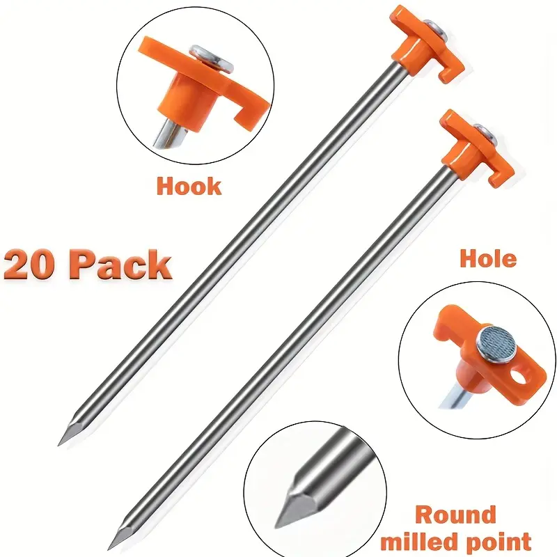 20 Pieces 9.8 in Steel+Plastic Tent Stakes - Heavy-Duty, Bend-Resistant, Rust-Resistant, Orange Head Ground Anchors for Camping, Construction