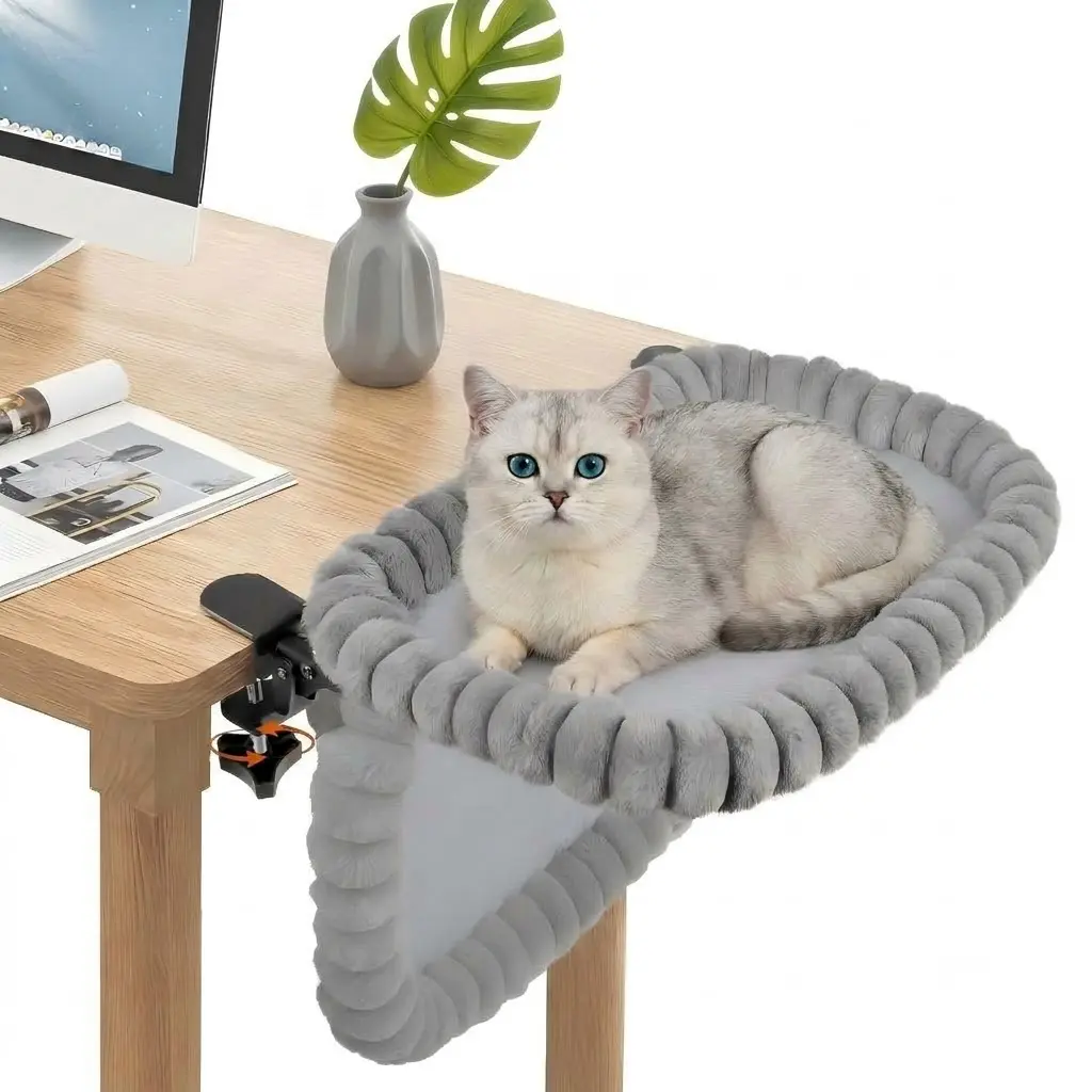 HOMAGICO Clamp-On Hammock Rabbit Faux Fur Cat Desk Bed, Grey, Medium
