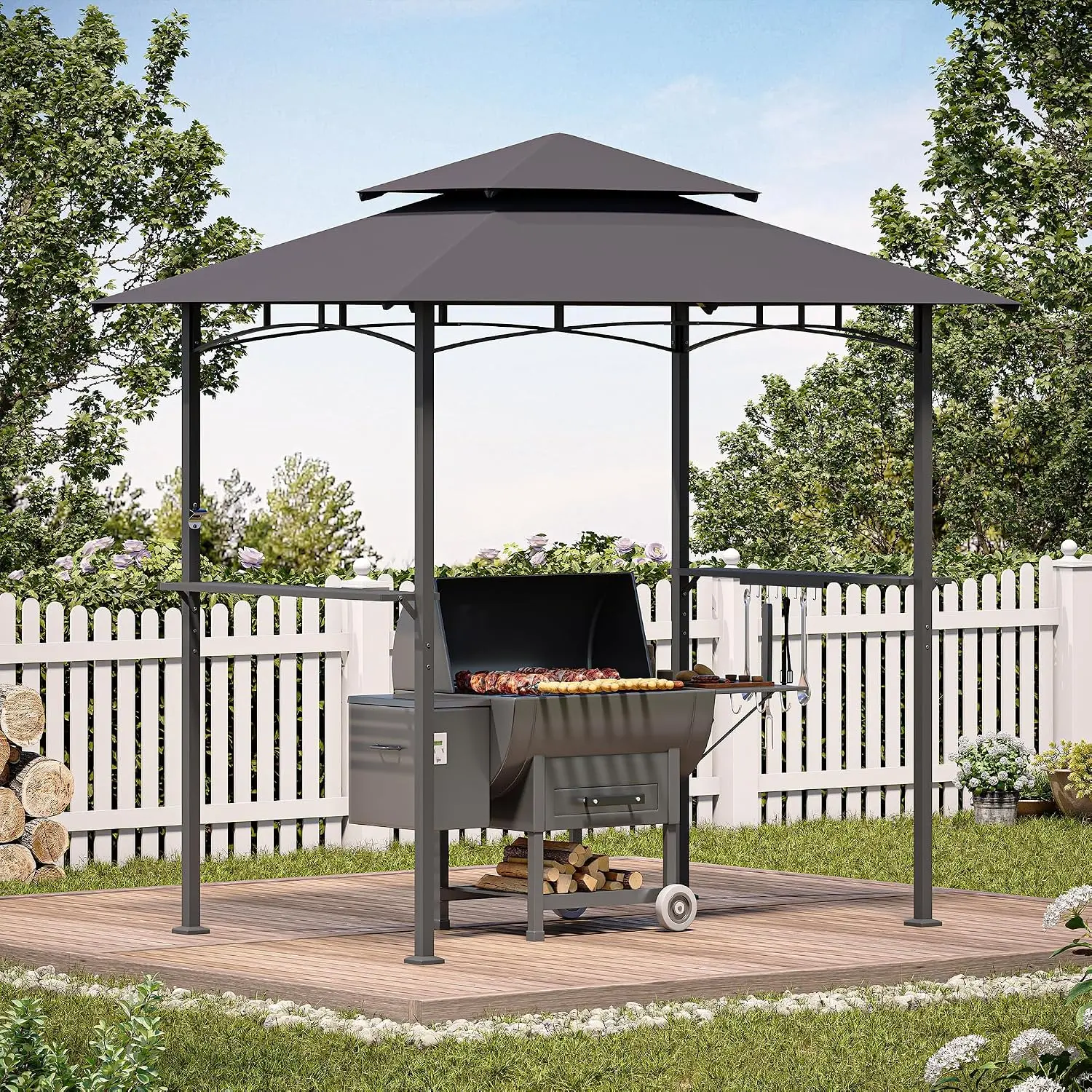 LAUSAINT HOME 8x5 FT Outdoor Grill Gazebo Canopy, BBQ Gazebo with 2-Tier Vented Top, 2 Durable Shelves & Metal Frame Grill Shelter - Perfect for Grilling and Picnics, Dark Gray