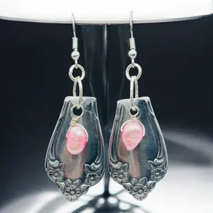 Vintage Spoon Earrings - Pink Freshwater Pearl 925 Silver Hooks Floral