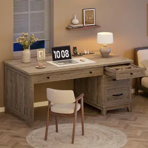 Garvee 54.5in Wooden Executive Desk with Drawers and Charging Station, Farmhouse Style Office Desk with File Cabinet Storage for Study and Home Office in Rustic Gray