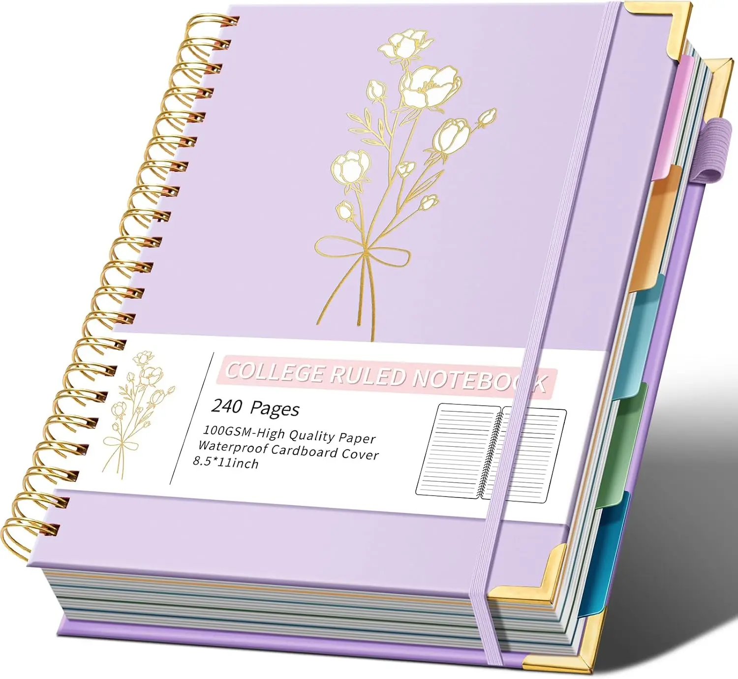 5-Subject Hardcover Spiral Notebook, 8.5" x 11", College Ruled | 240 college-ruled pages, 100 GSM paper, 5 removable dividers, inner pocket and protective metal corners