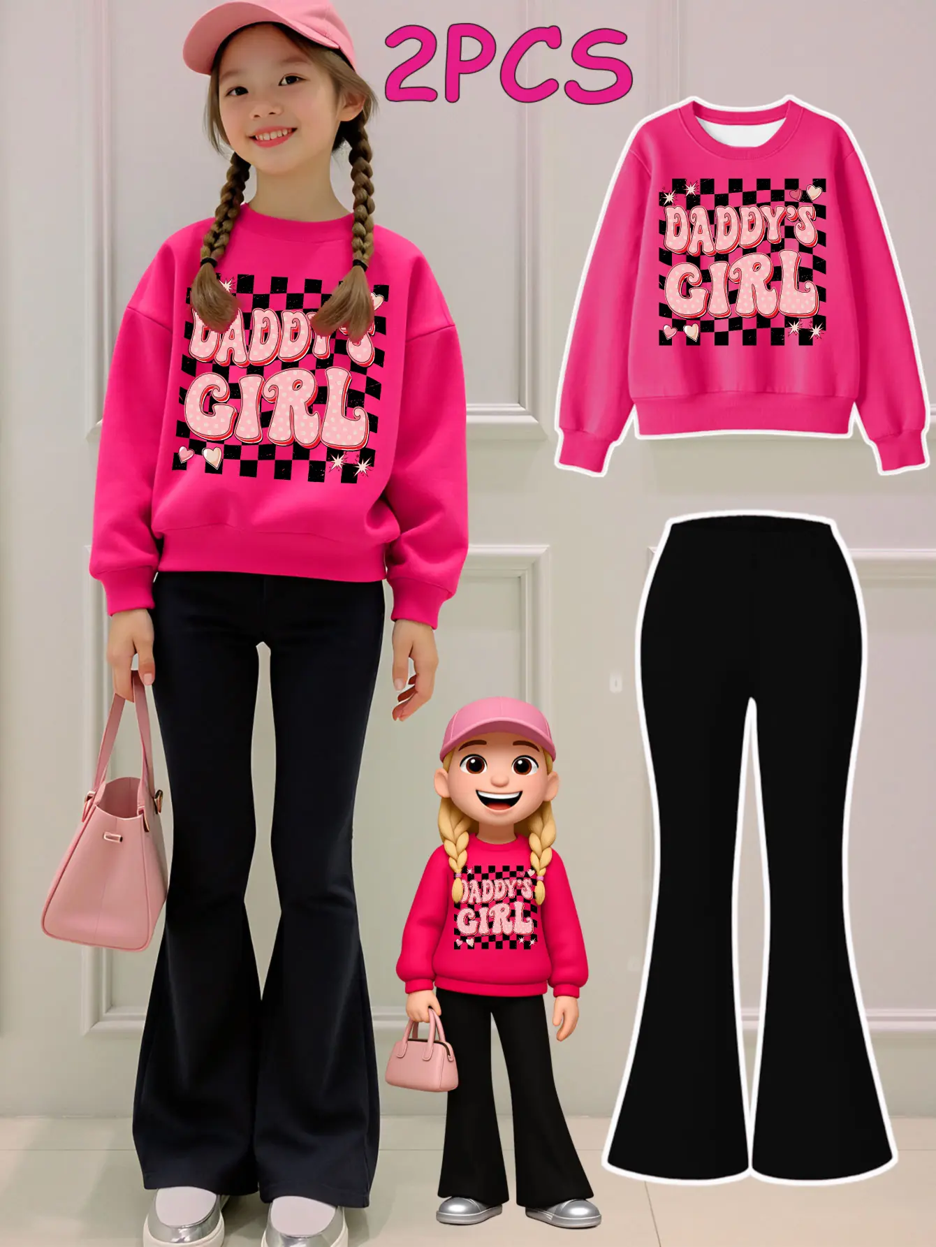 2PCS Autumn Winter Tween Girls Clothes Sweatshirt Set  Daddy's Girl Checkerboard Hearts Pattern Print Girl Clothes Long Sleeved Round Neck Sweatshirt  Bell Bottom Pants Set Perfect For Outdoor  Kids Clothes, Long Sleeves, All Seasons, Kids Clothing Girls