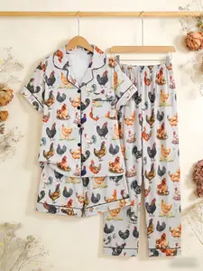 3-Piece Chicken Print Women's Pajama Set, Casual Fitted All-Seasons Home Wear, Button Pocket Shirt, Elastic Long Pants, Comfortable Daily