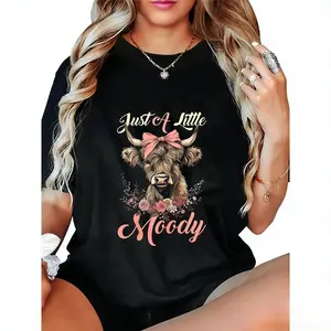 Highland Cow Just A Little Moody Flower Funny Farm Farmer T-Shirt Fabric Summer