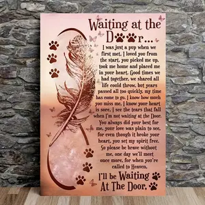 1 piece of vintage wooden framed canvas wall art featuring feathers and paw prints of a dog - "Waiting at the Door" poem, farmhouse decor, suitable for the living room, a thoughtful gift for dog lovers, sentimental artwork| Warm color palette