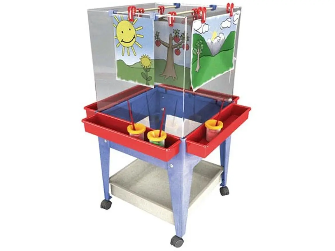 212 MAIN Blue Frame 4-Station Art Craft Easel - Drawing Stand with Resin Plastic Mega-Tray, Locking Casters