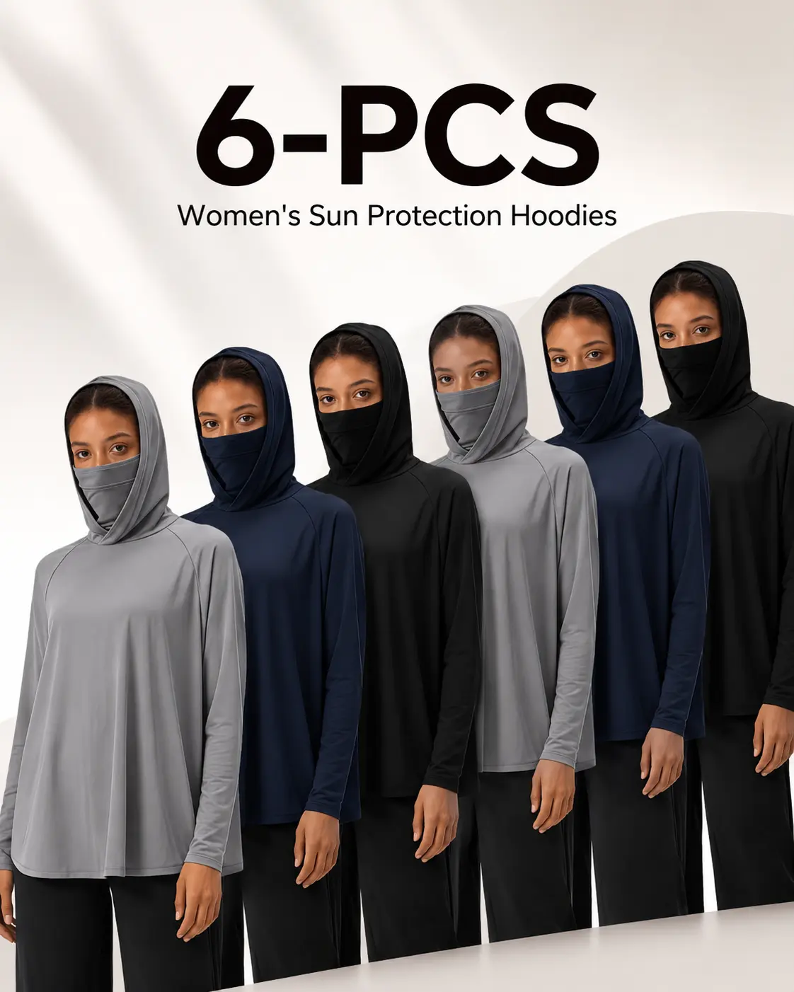 Women's 6-Piece Hoodies - Casual Sporty Long-Sleeve Hooded Pullovers, UPF Sun Protection, Soft Fabric, Athletic Compression, Fitted Cut, Medium Length, Machine Washable, for Outdoor Wear & Daily Use