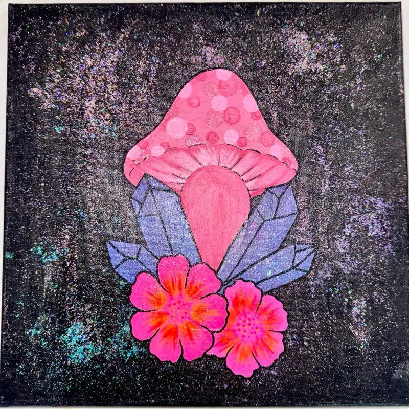 Enchanted Bloom Hand-Painted Pink Mushroom Canvas with Glitter Galaxy Artwork for Home Decor