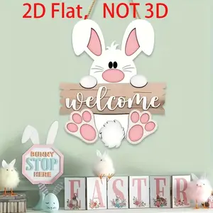 Easter Bunny Wooden Welcome Sign Wall Decor, Wood Door Plaque Hanging Decoration, Easter Home Decorations