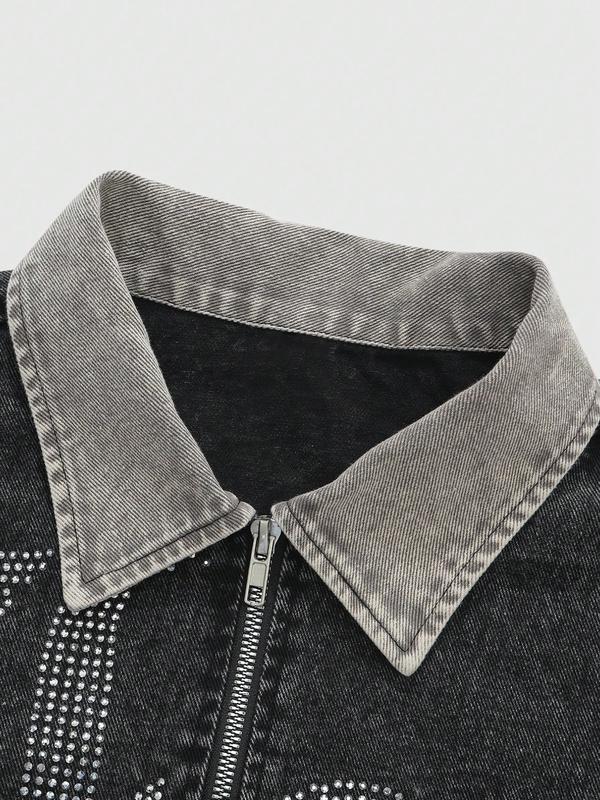 Dark Denim Jacket with Diamonds and 'la' Logo, Vintage Corduroy Collar and Frayed Design, Stylish Zippered Fit for Casual Outings