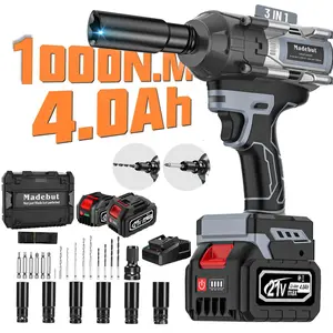 1000 N.m Cordless Impact Wrench, All-Metal Cordless Impact Gun with 2 * 4.0Ah, 3-IN-1 Electric Impact Wrench with 5 Sockets for Cars & Trucks