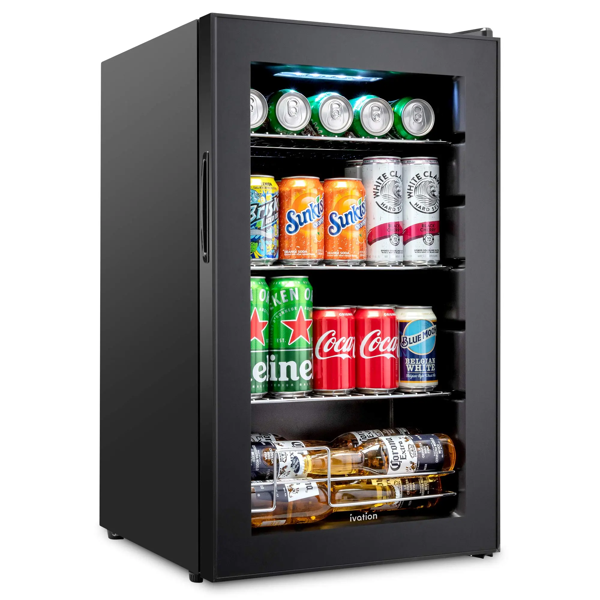 Ivation 101 Can Beverage Refrigerator Freestanding Ultra Cool Mini Drink Fridge for Home & Office Reversible Glass Door & Adjustable Shelving Black