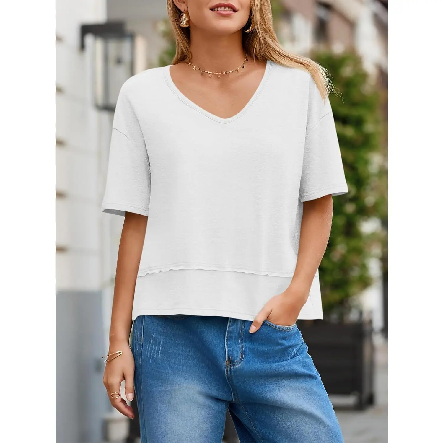 Imily Bela Womens Summer V Neck T Shirts Casual Short Sleeve Flowy Tops Cute Loose Fit Basic Tees