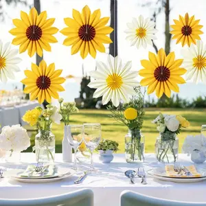 9pcs Sunflower Party Ornament - Bright Yellow & White Daisy-like petals, Hanging Floral Fans for Birthday, Wedding, Autumn Harvest - Easy Hang No Electricity Needed - Party Backdrop, Table Centerpieces, Bulletin Board Decor - Cheerful Floral Decorations