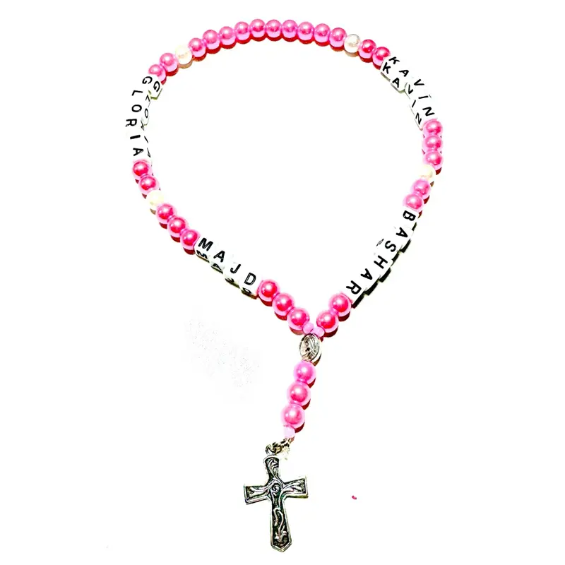 Rosary with Your Name Personalized Pink Beads and Silver Cross Charm Custom Name Displayed on Beads