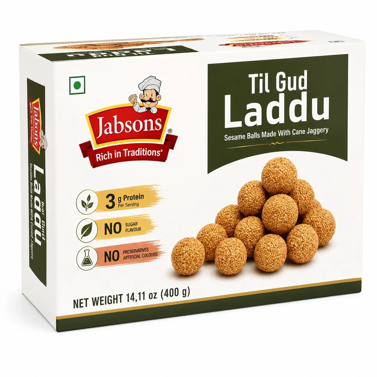 Jabsons Til Gud Laddu 400g (14.11 oz) – Sesame Balls Made with Cane Jaggery | 3g Protein Per Serving | No Sugar Flavor, No Preservatives, No Artificial Colors | Traditional Indian Sweet