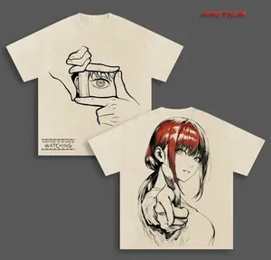 men's t shirts Chainsaw Man Makima Anime Double Printed Vintage Washed Tee Unisex Oversize Anime Manga Washed Heavyweight Cotton T-shirt Menswear Top Tshirt Streetwear Oversized Casual Crewneck Shoe