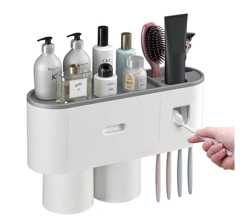 Toothbrush Holder, Toothpaste Holder and Dispenser, Wall Mounted Toothbrush Cup Holder with Brush Holder, Cup, Cosmetic Drawer and Storage Tray (White)