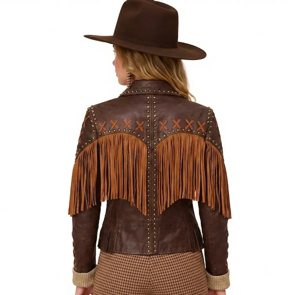 Women's Brown Genuine Leather Fringe Western Jacket Cowboy Style Zip-Up Coat
