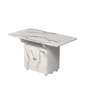 Donext 47" Folding Dining Table with Storage - Foldable Drop Leaf Design, 6-Wheel Mobile Kitchen Island & Entryway Table, White Marble Space Saving Multifunctional Desk