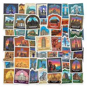 50 Vintage Travel Souvenir Stickers Featuring World Landmarks, Suitable for Scrapbooks, Diaries, Laptops, Water Bottles, Cars, and Other Faith-based Designs—gifts with Positive Messages.