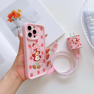 6 Piece Set Strawberry Phone Case, Charger Head Cover, Cable Protector, Storage Rope, Data Line Protection, Fits iPhone 6-17 Pro Max