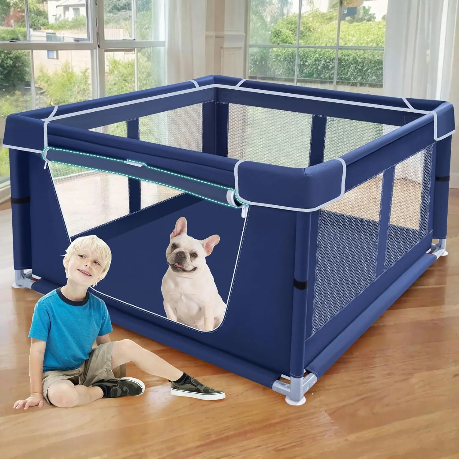 XVISHX 42x42 Inches Puppy Playpen with Gate, Dog Playpen for Puppies or Small Dogs, DogFence Pet Playpen for Indoor & Outdoor, Sturdy Safety DogPen with Thickened Fabric, High-Strength Nylon Wire Mesh