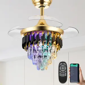 ZYNFANDOR 30" RGB Retractable Crystal Ceiling Fan with 6-Speed Reversible Blades, Dimmable Lighting, Remote & APP Control, Gold Fandelier for Bedroom & Dining Room