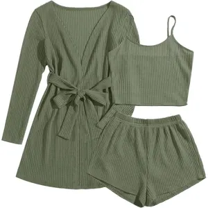 Pajamas for Women Set 3 Piece Lounge Set Soft Pajama Sets Waffle Knit Tank Top and Shorts Cardigan with Pockets S-XXL