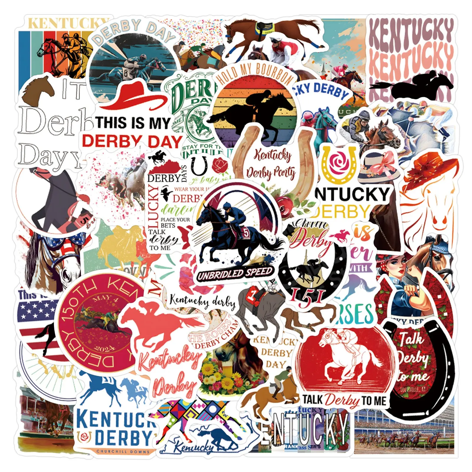 56 Pieces Kentucky Derby Graffiti Stickers, Waterproof Stickers for Luggage, Water Bottles, Skateboards, Durable and Fun Decorations