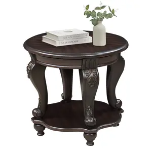 22" Two Tone Round End Table, Solid Wood Sofa Side Table with Shelf, Living Room Corner Table Easy Assemble, Espresso