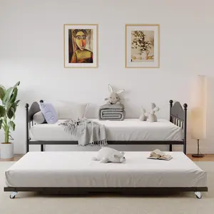 Heavy Duty Twin Size Metal Daybed with Pull-Out Adjustable Collapsible Trundle - Steel Frame - Stylish Headboard - Multi-Functional Sofa Bed for Bedroom, Living Room, Guest Room