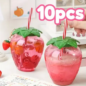 10 Strawberry Shape Plastic Cups with Realistic Leaves and Stems, Reusable Non-Beverage Containers for Parties, Weddings, Birthdays, Pools, Dessert Cups