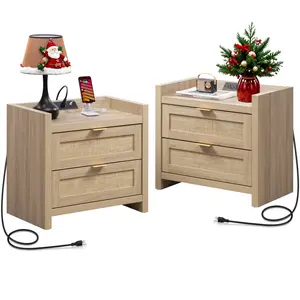 SICOTAS Modern 2-Pack Upgraded Rattan Nightstands with Charging Ports - 15.4"  x 23.6"  x 22.1" Stylish Bedside Tables with USB and Power Outlets for Small Apartment Living Room Bedroom Sofa Couch Office, Sturdy and Durable