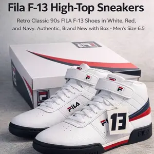 FILA F-13 High-Top Sneakers Retro Classic 90s Shoes in White Red Navy Authentic Brand New with Box Men's Size 6.5 Training Athletic Footwear Boy