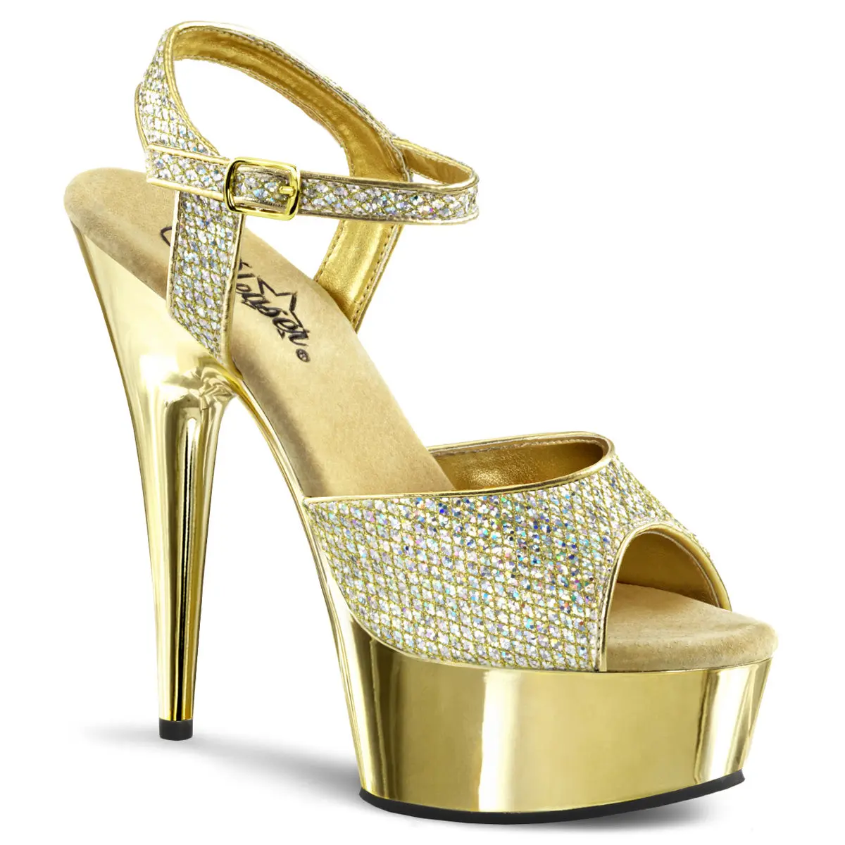 Women's Glitter Fabric Platform Sandals - 6-in Stiletto Heels, Peep Toe, Adjustable Ankle Strap, Gold, Expandable, All Seasons Footwear, Ideal for Party, Clubwear, US Women’s Sizes 5-14