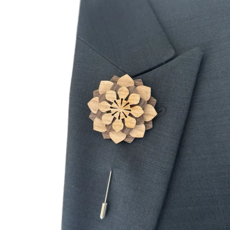 Unique Wooden Lapel Pin - Elegant Flower Design for Stylish Apparel Accessories- Men Fashion, Suit Pin, Wedding Groomsmen Brooch