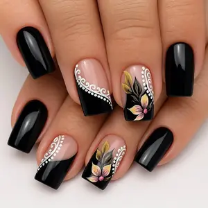 24-Piece Medium Square False Nails Set, Retro Floral Design, Fashionable Nail Art, Reusable & Detachable, Perfect for Parties